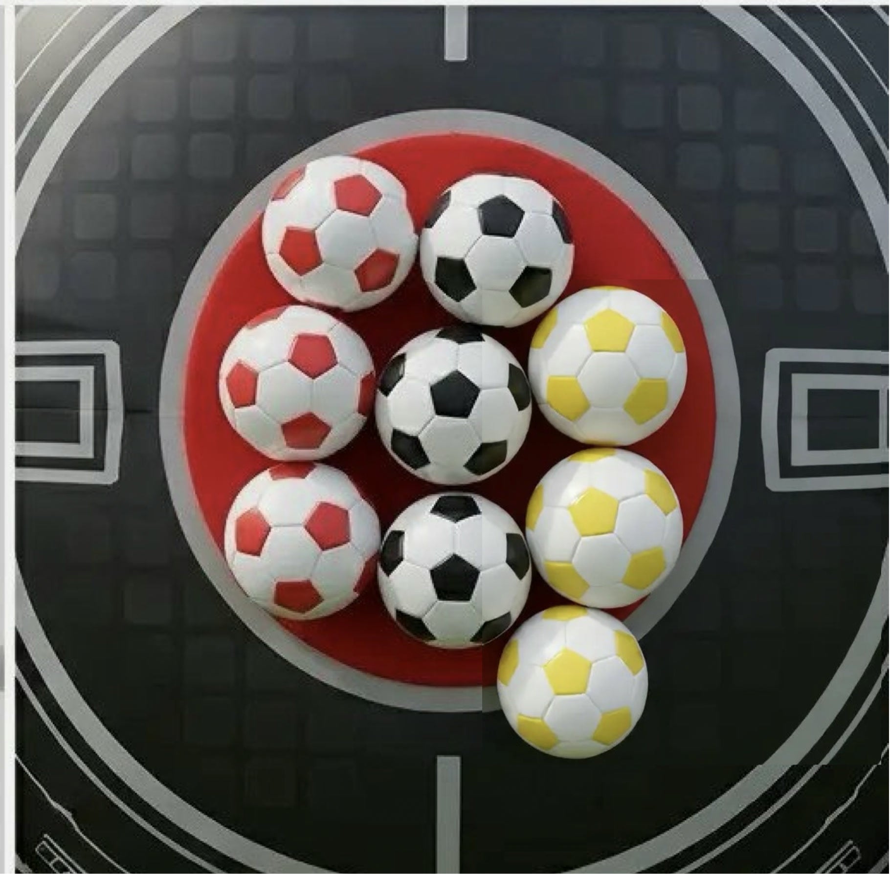 Red, black, and yellow Velcro balls grouped together on the target