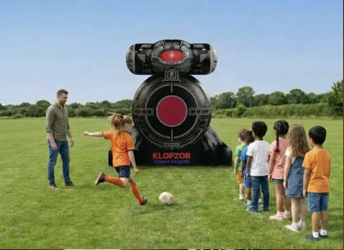 Player kicking a ball toward Klopzor while other players wait in line