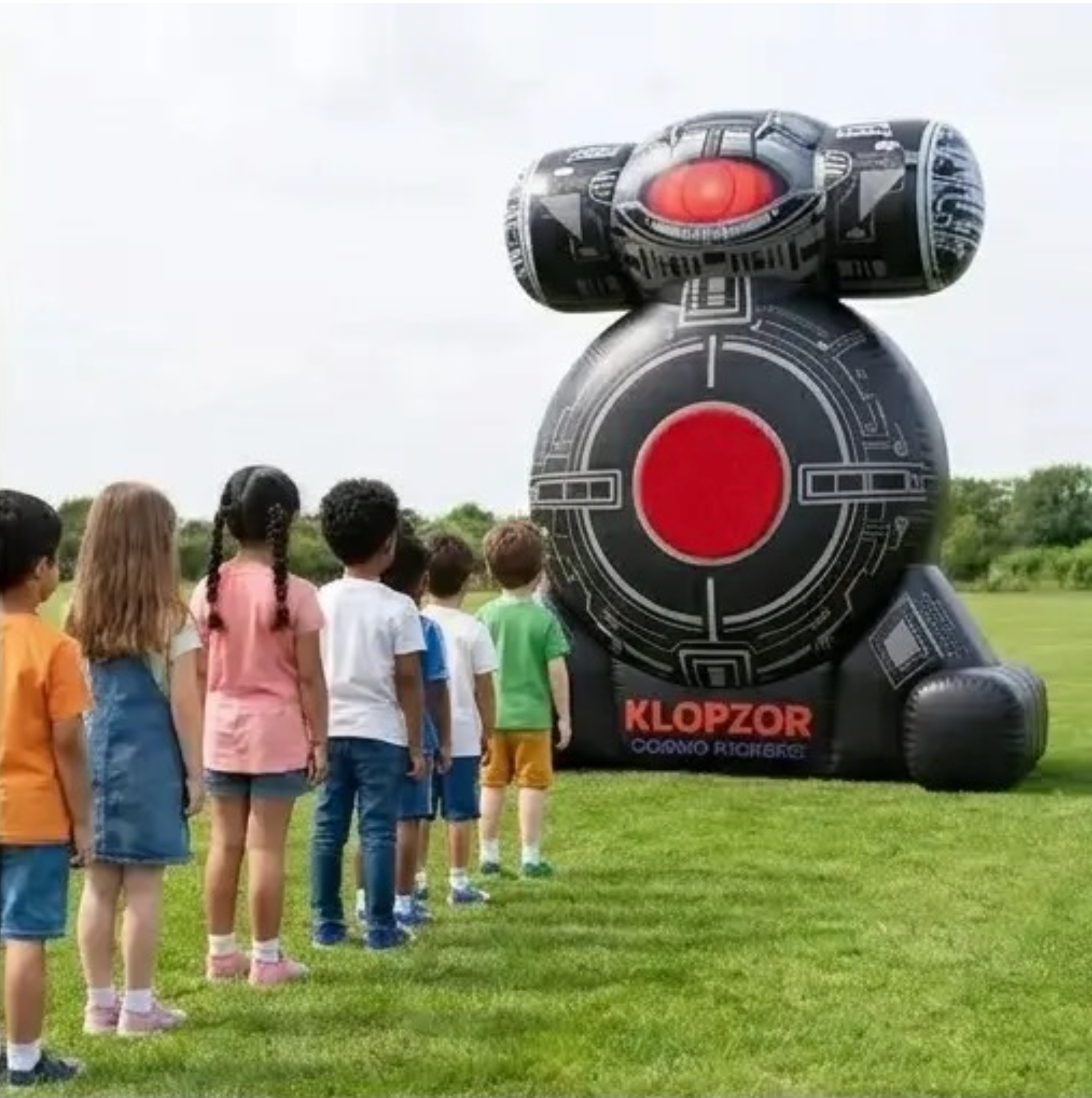 Children lined up to play Boss Fight Targets outdoors